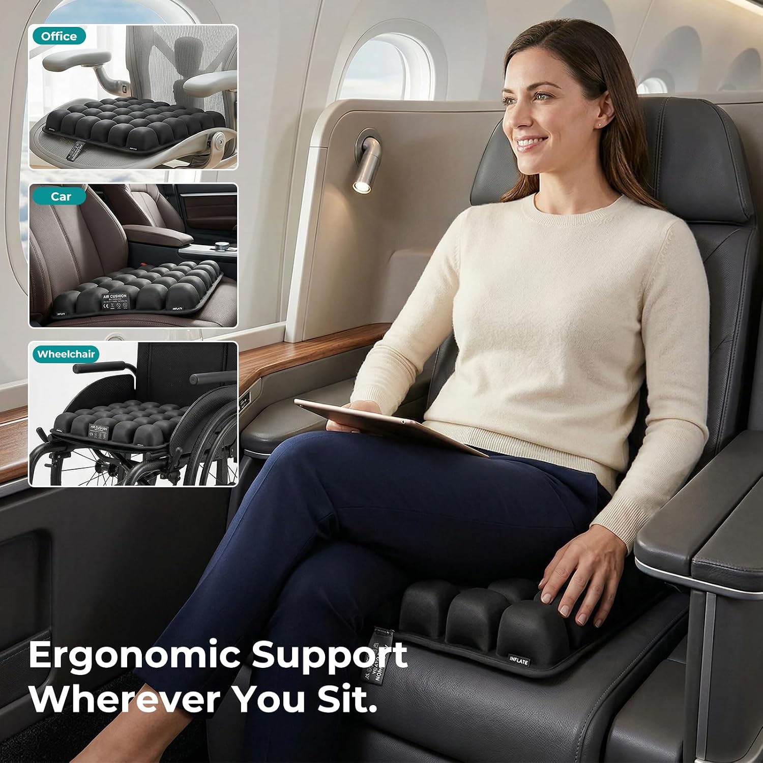 3D Inflatable Airplane Seat Cushion - 60s Fast Press & A4 Fold, 36 Airbags Tailbone Pressure Relief Pad for Long Flights, Black