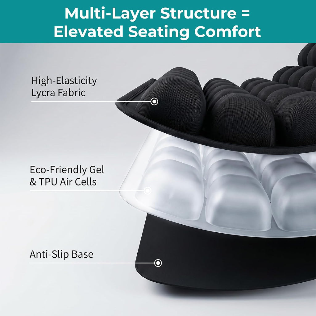 3D Inflatable Airplane Seat Cushion - 60s Fast Press & A4 Fold, 36 Airbags Tailbone Pressure Relief Pad for Long Flights, Black