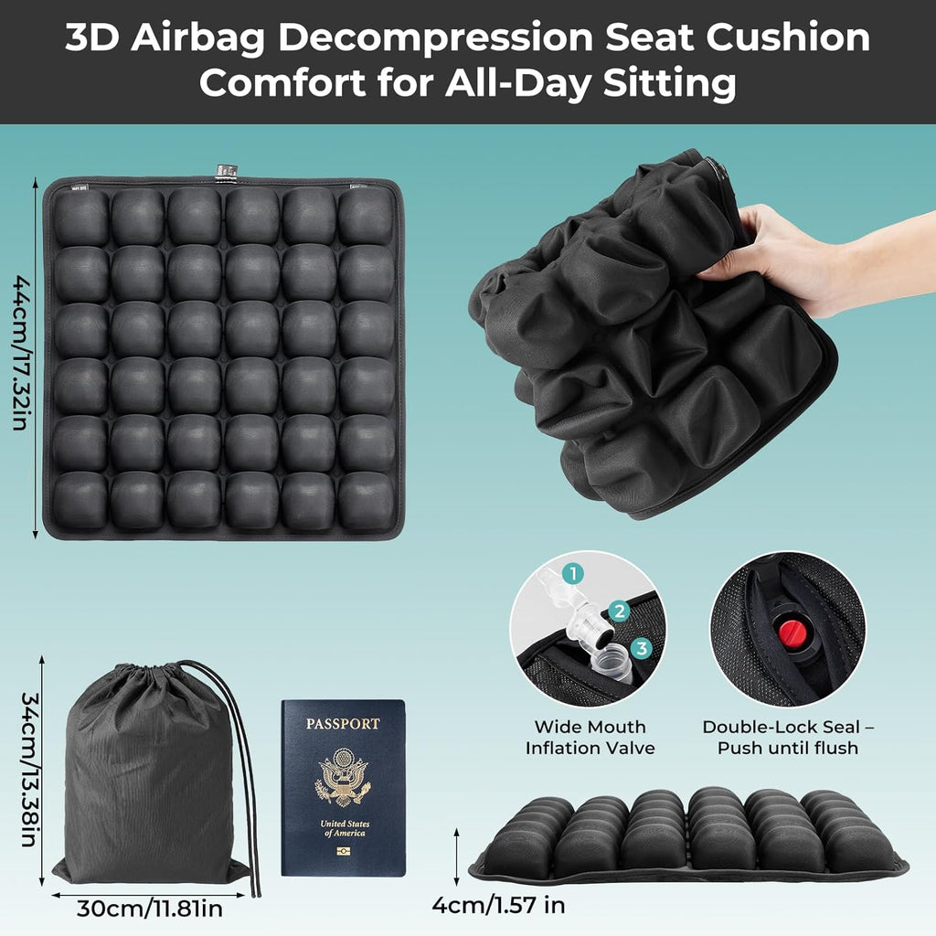 3D Inflatable Airplane Seat Cushion - 60s Fast Press & A4 Fold, 36 Airbags Tailbone Pressure Relief Pad for Long Flights, Black