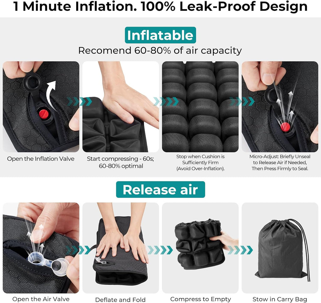 3D Inflatable Airplane Seat Cushion - 60s Fast Press & A4 Fold, 36 Airbags Tailbone Pressure Relief Pad for Long Flights, Black